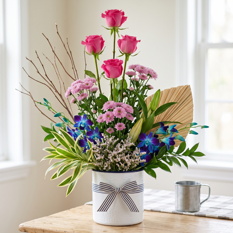 Luxury Pink Roses and Blue Orchid Arrangement
