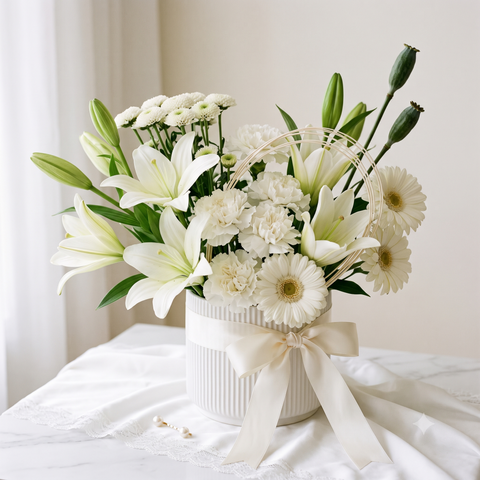 Luxury White Lily and Gerbera Flowers Bouquet in Ribbed Pot