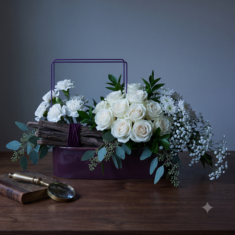 Vintage White Rose & Driftwood Plum Trough Arrangement