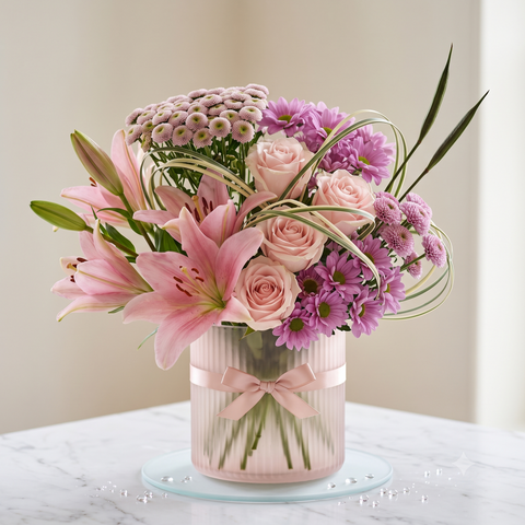 Luxury Pink Lily and Rose Flowers Bouquet in Glass Vase