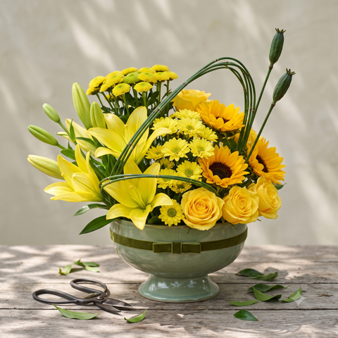 Luxury Yellow Lily, Rose & Sunflower Bouquet in Green Bowl