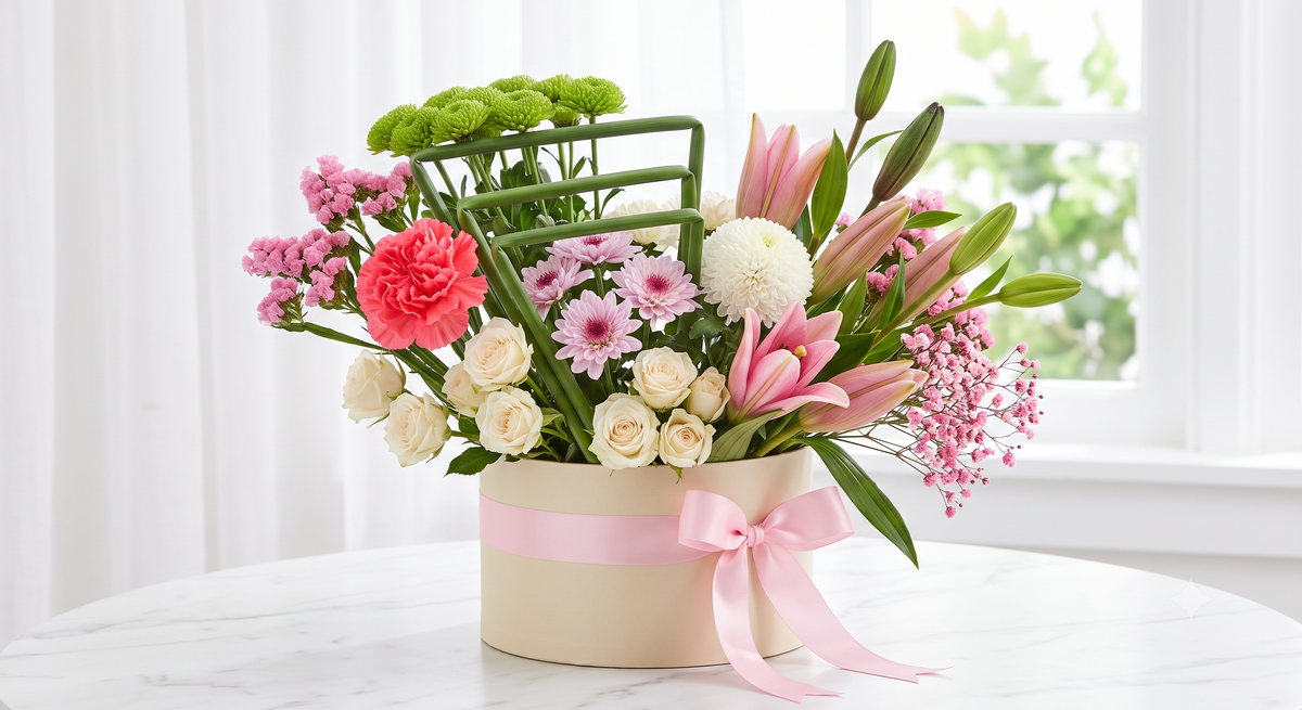 Luxury Pink Lily and White Rose Flowers Bouquet Box