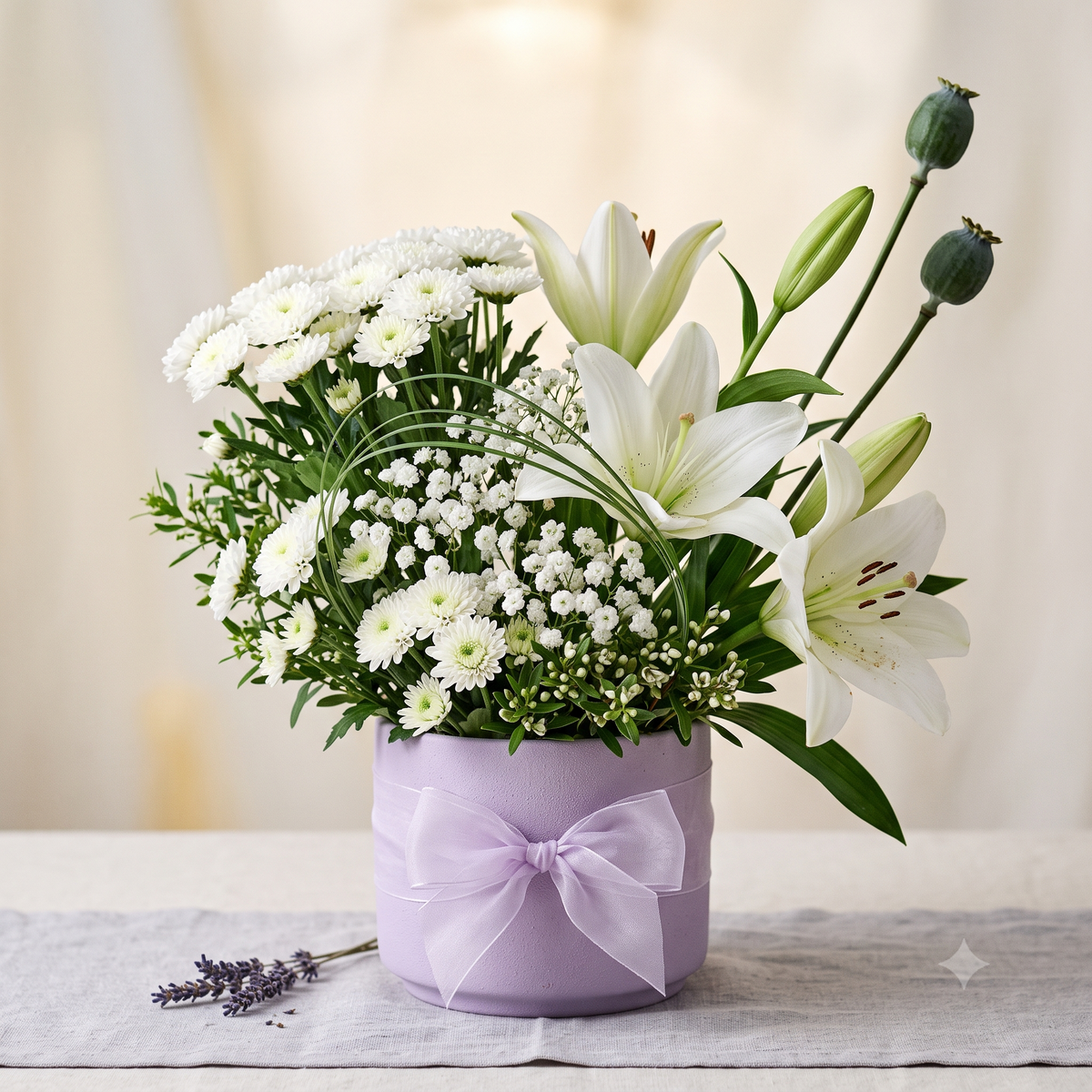 Luxury White Lily and Daisy Flowers Bouquet in Purple Pot