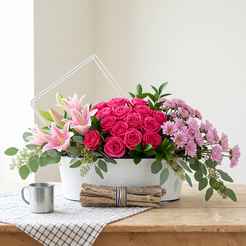 Rustic Pink Rose & Lily Farmhouse Flower Arrangement