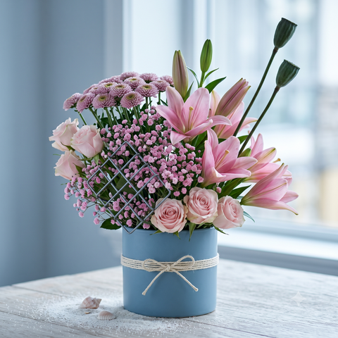 Luxury Pink Lily and Rose Flowers Bouquet Box