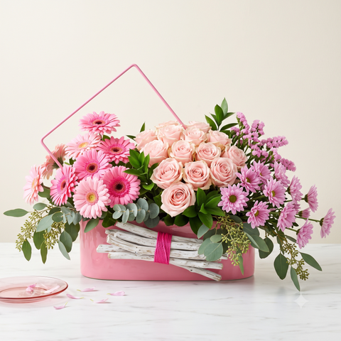 Vibrant Pink Rose & Gerbera Modern Trough Arrangement
