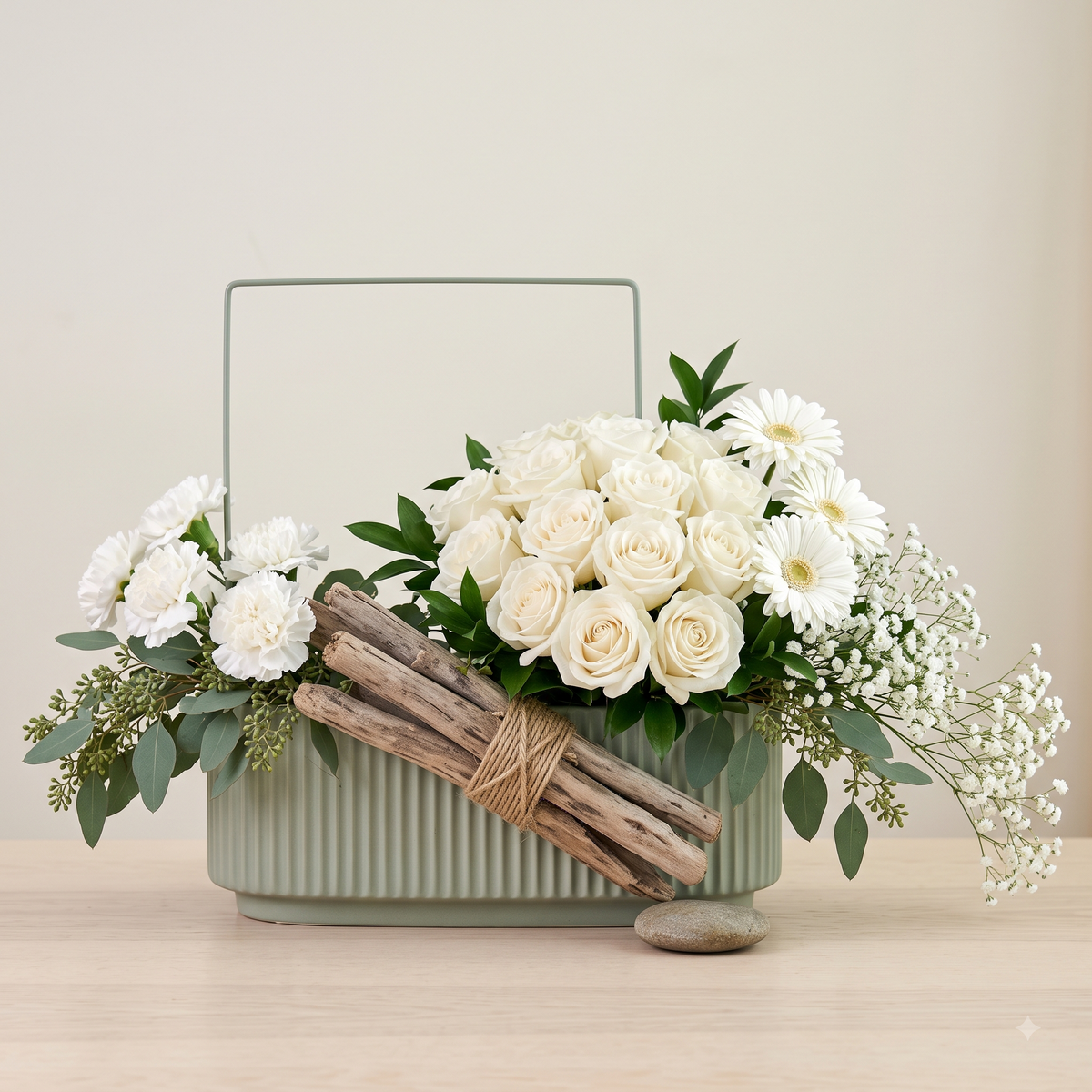 Luxury White Rose and Gerbera Fluted Stoneware Arrangement