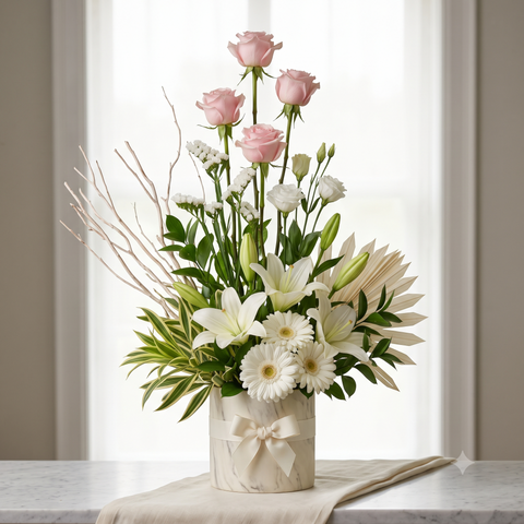 Luxury Pink Roses and White Lilies Arrangement