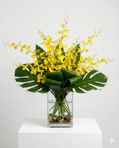 Yellow Oncidium Orchid Arrangement in Glass Vase