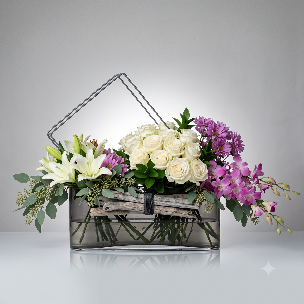 Modern White Rose & Orchid Luxury Glass Bouquet