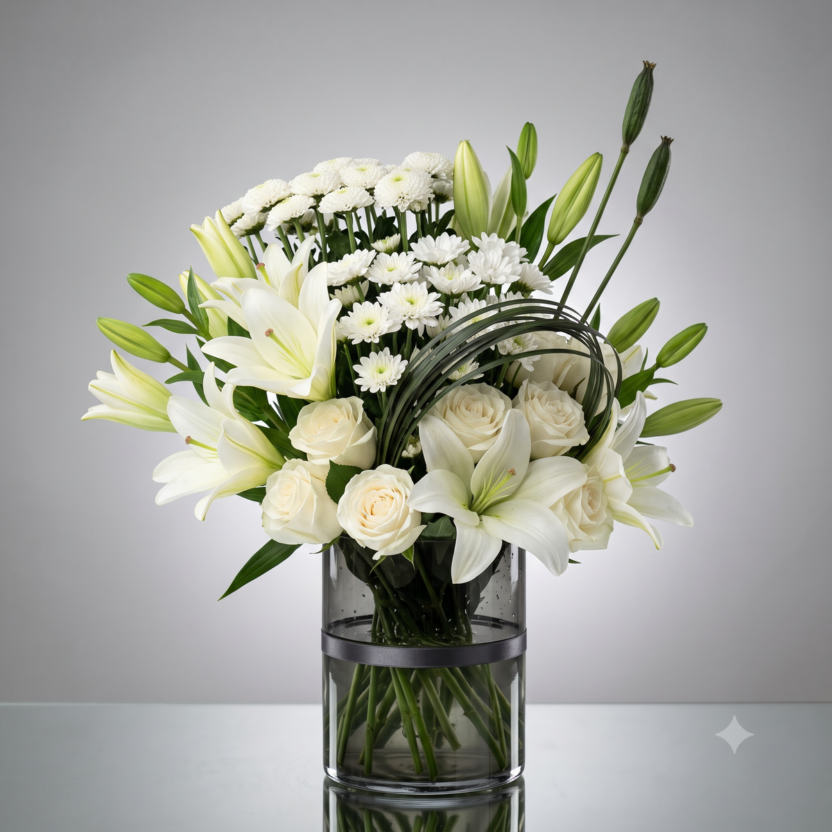 Luxury White Lily and Rose Bouquet in Grey Glass Vase