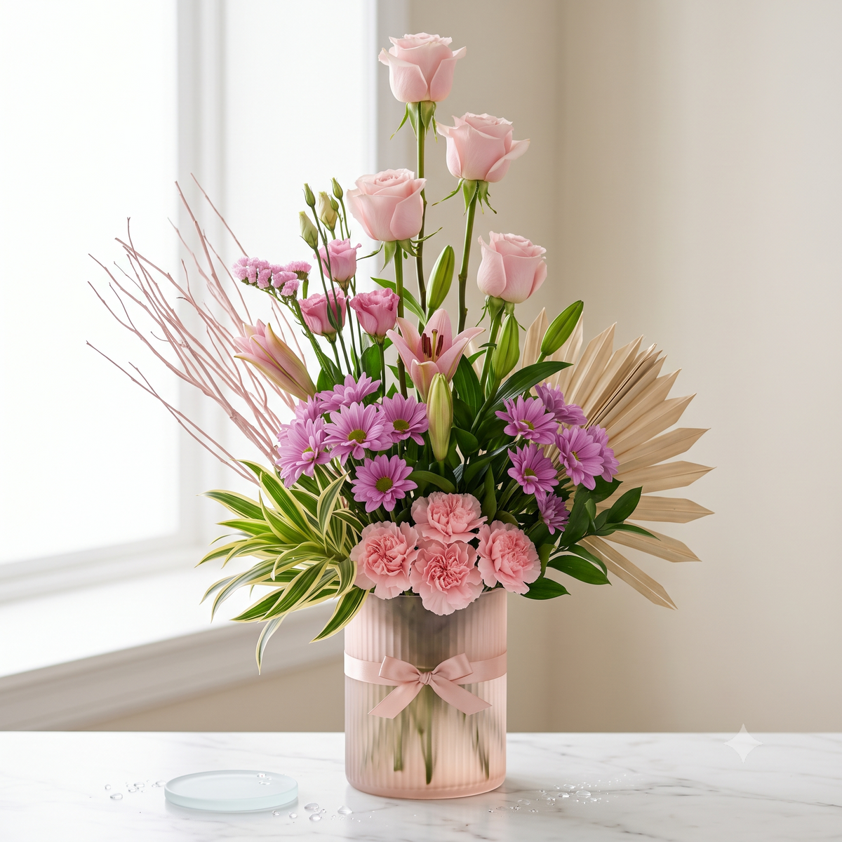 Luxury Pink Roses and Carnations Fluted Vase