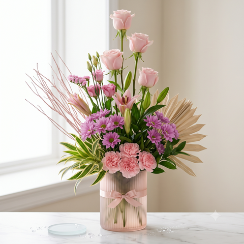 Luxury Pink Roses and Carnations Fluted Vase