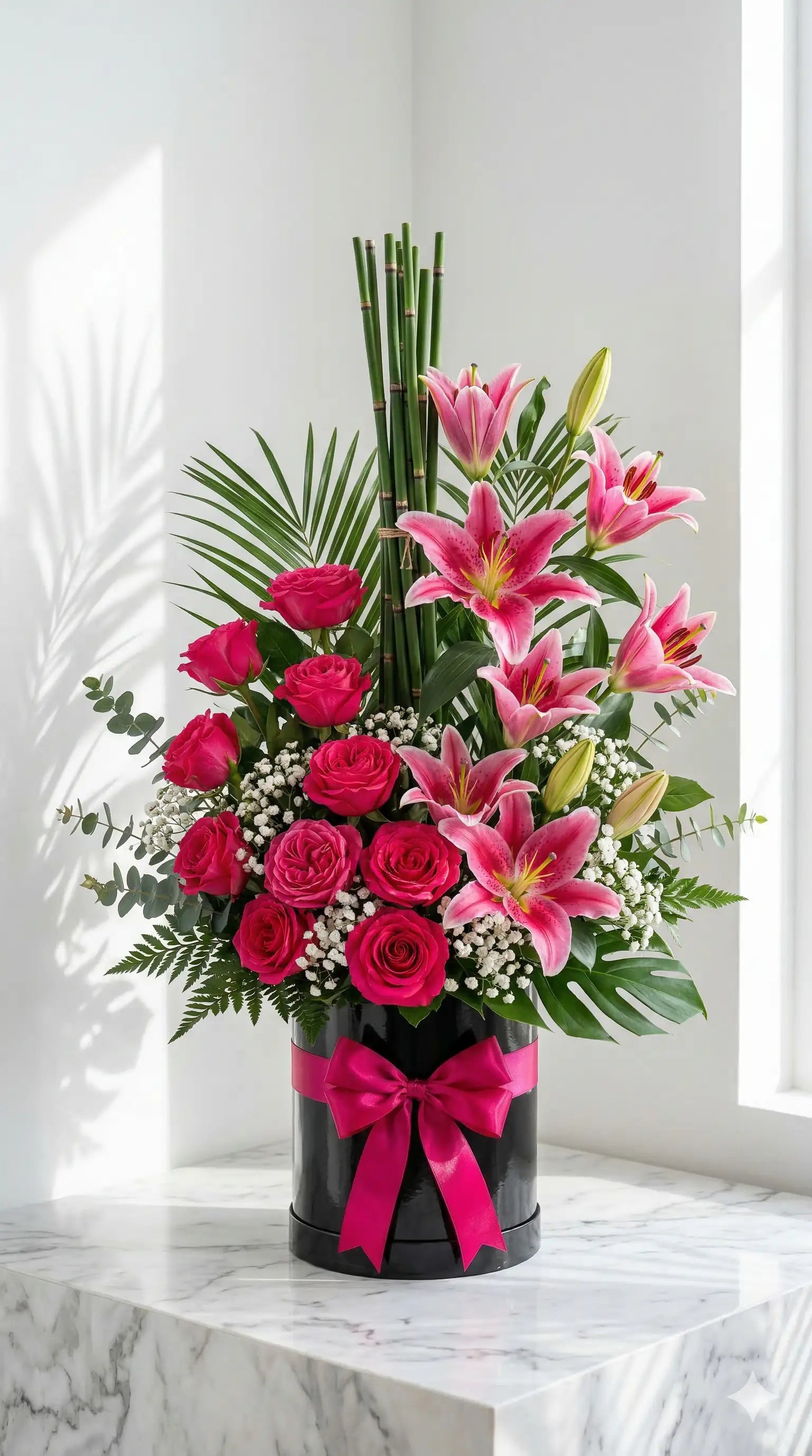 Hot Pink Rose and Stargazer Lily Birthday Flowers