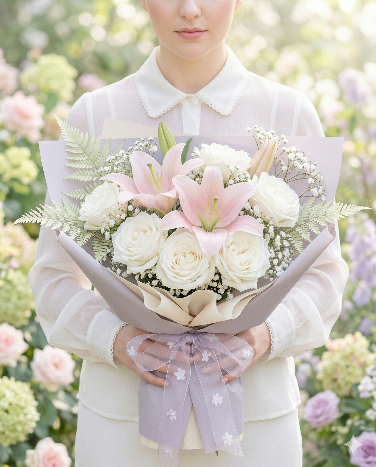 Lavender Blush Lily and White Rose Anniversary Bouquet