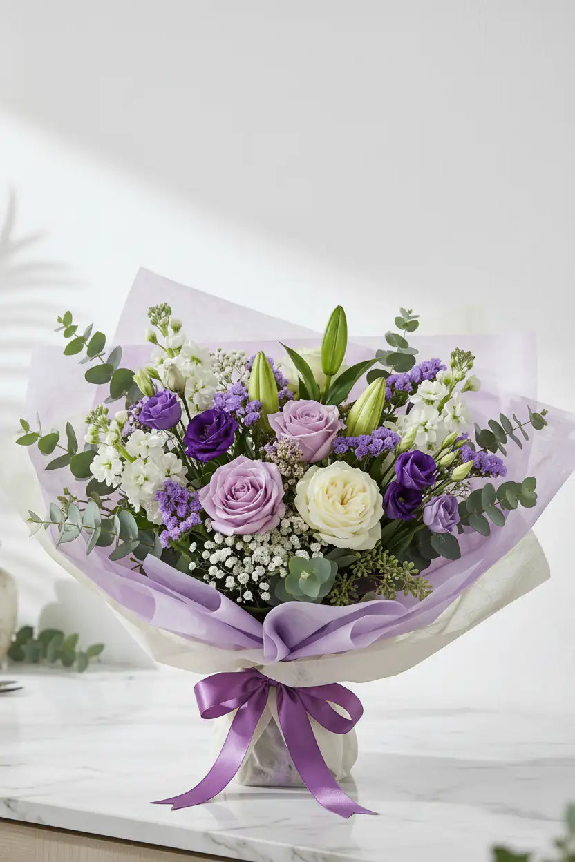 Lavender and White Rose Birthday Flowers Bouquet