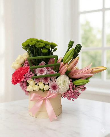 Lily and Carnation Flower Box with Roses and Chrysanthemums
