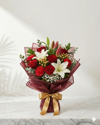 Luxury Anniversary Roses and White Lily Bouquet