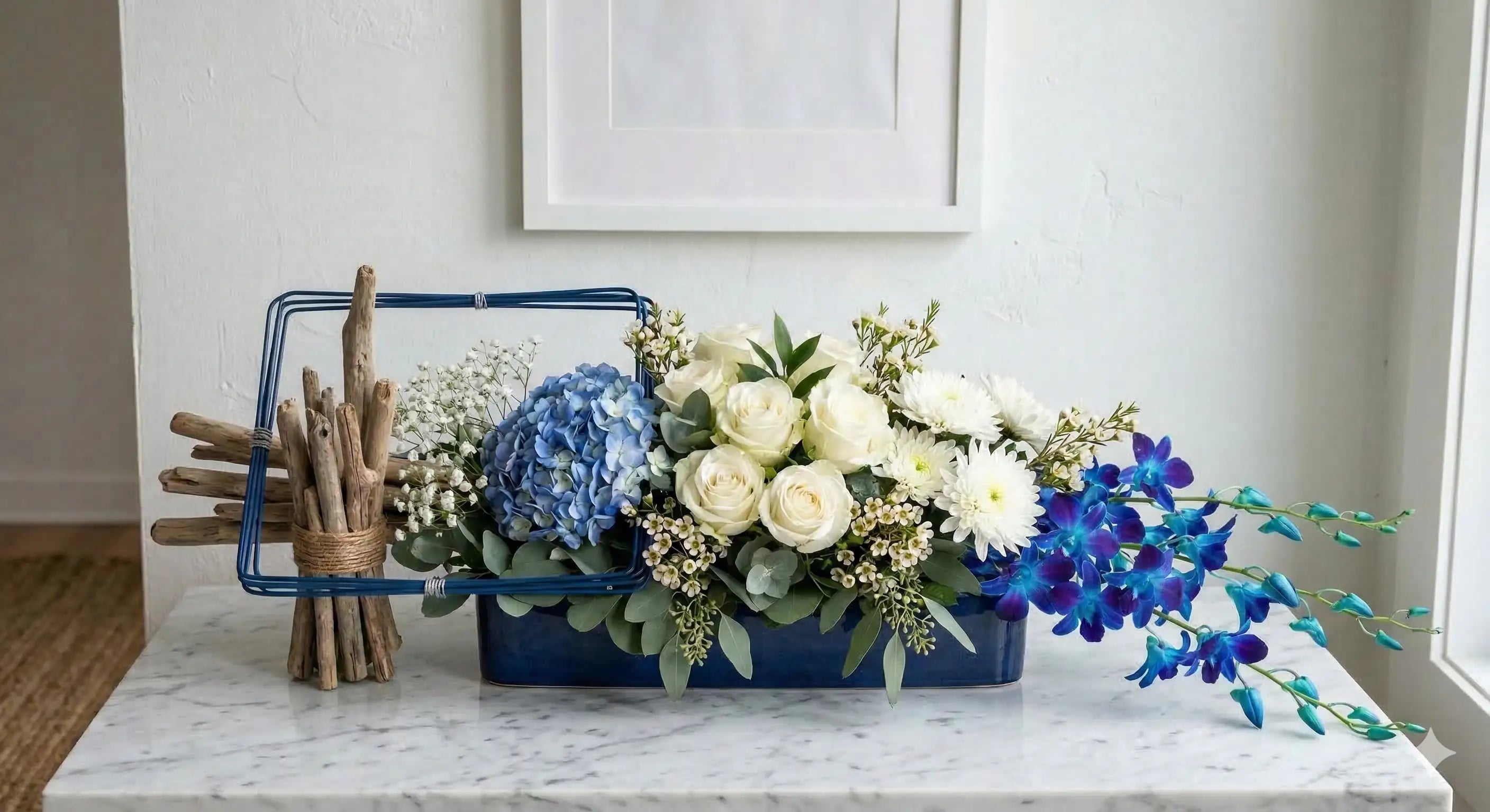 Luxury Coastal Anniversary Flowers in Navy Wooden Tray