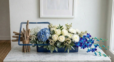 Luxury Coastal Anniversary Flowers in Navy Wooden Tray