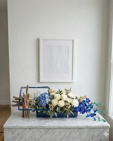Luxury Coastal Anniversary Flowers in Navy Wooden Tray