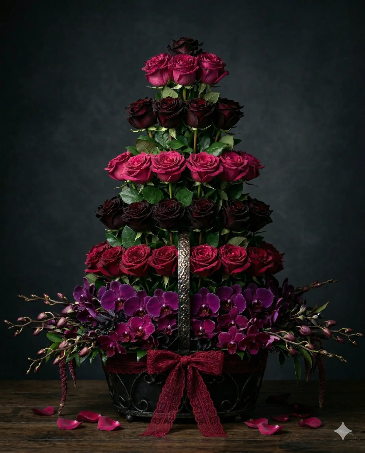 Luxury Gothic Romance Rose & Orchid Basket Arrangement