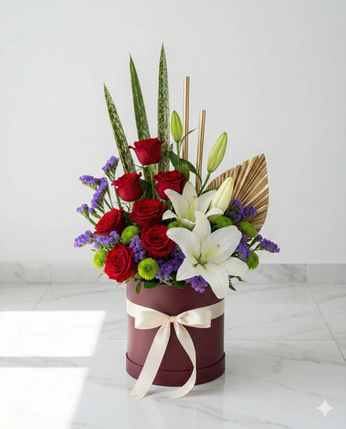 Luxury Red Rose and White Lily Flower Box