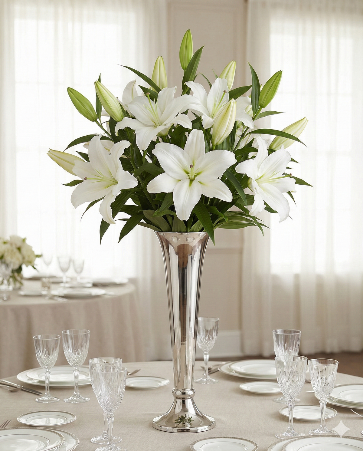 Luxury White Lily Centerpiece in Tall Silver Vase