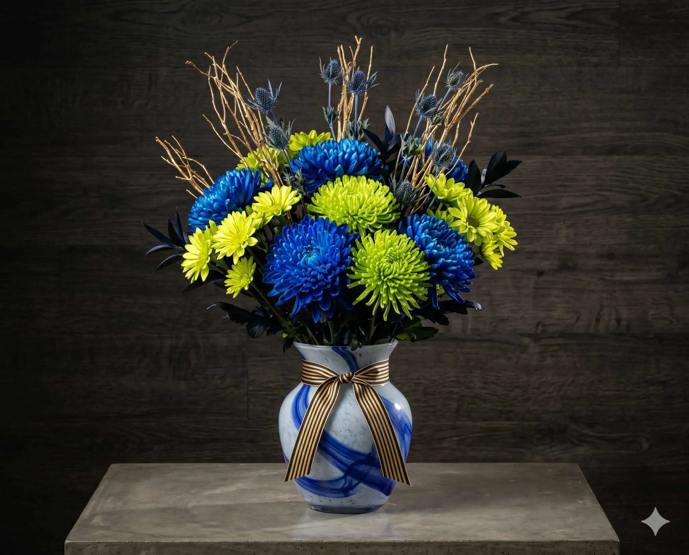 Modern Blue and Green Bouquet with Striking Chrysanthemums