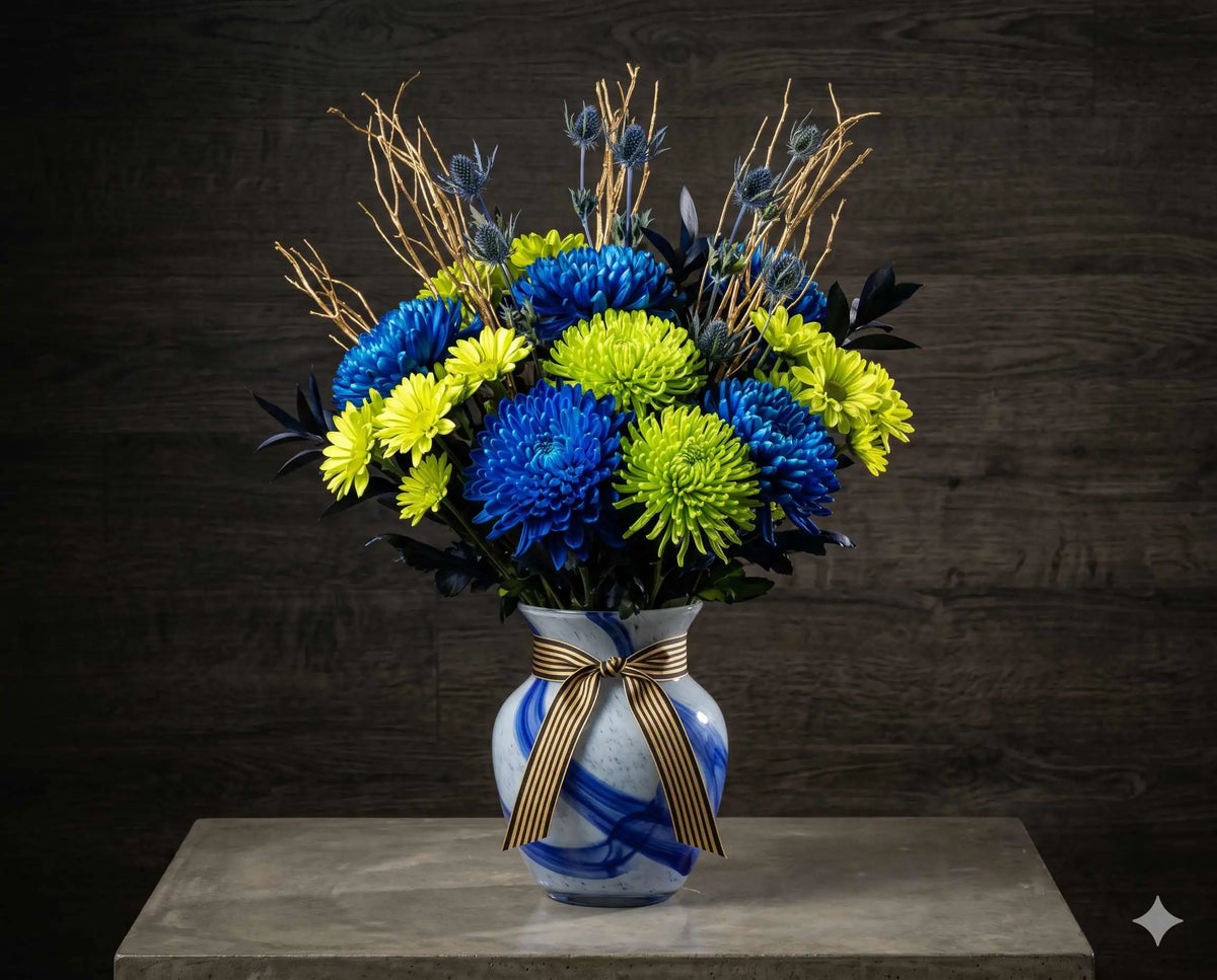 Modern Blue and Green Bouquet with Striking Chrysanthemums