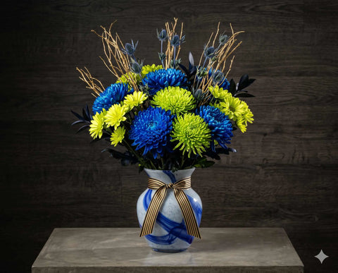 Modern Blue and Green Bouquet with Striking Chrysanthemums
