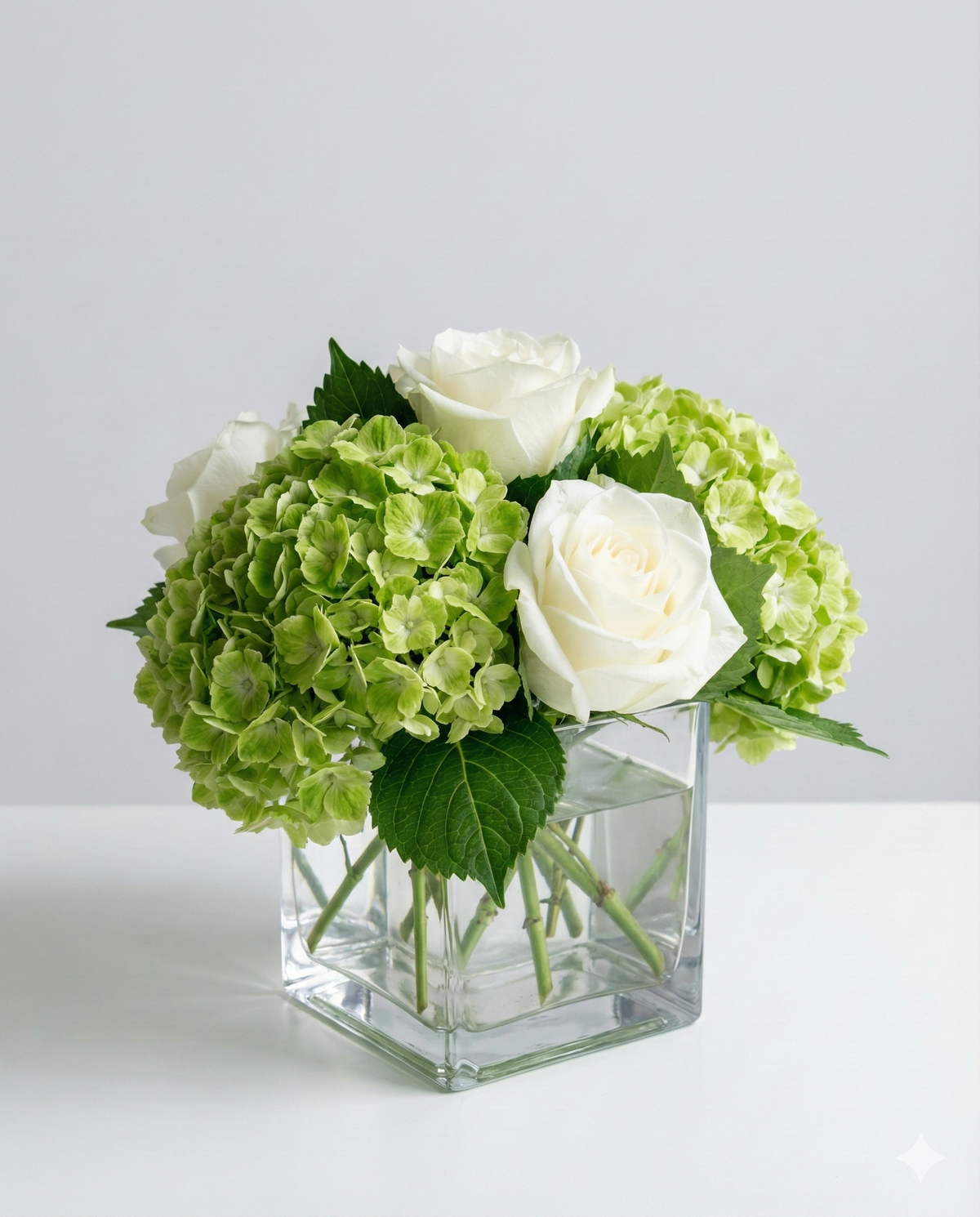Modern Green Hydrangea and White Rose Centerpiece