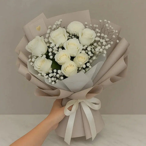 10 White Roses & Gypso Bouquet