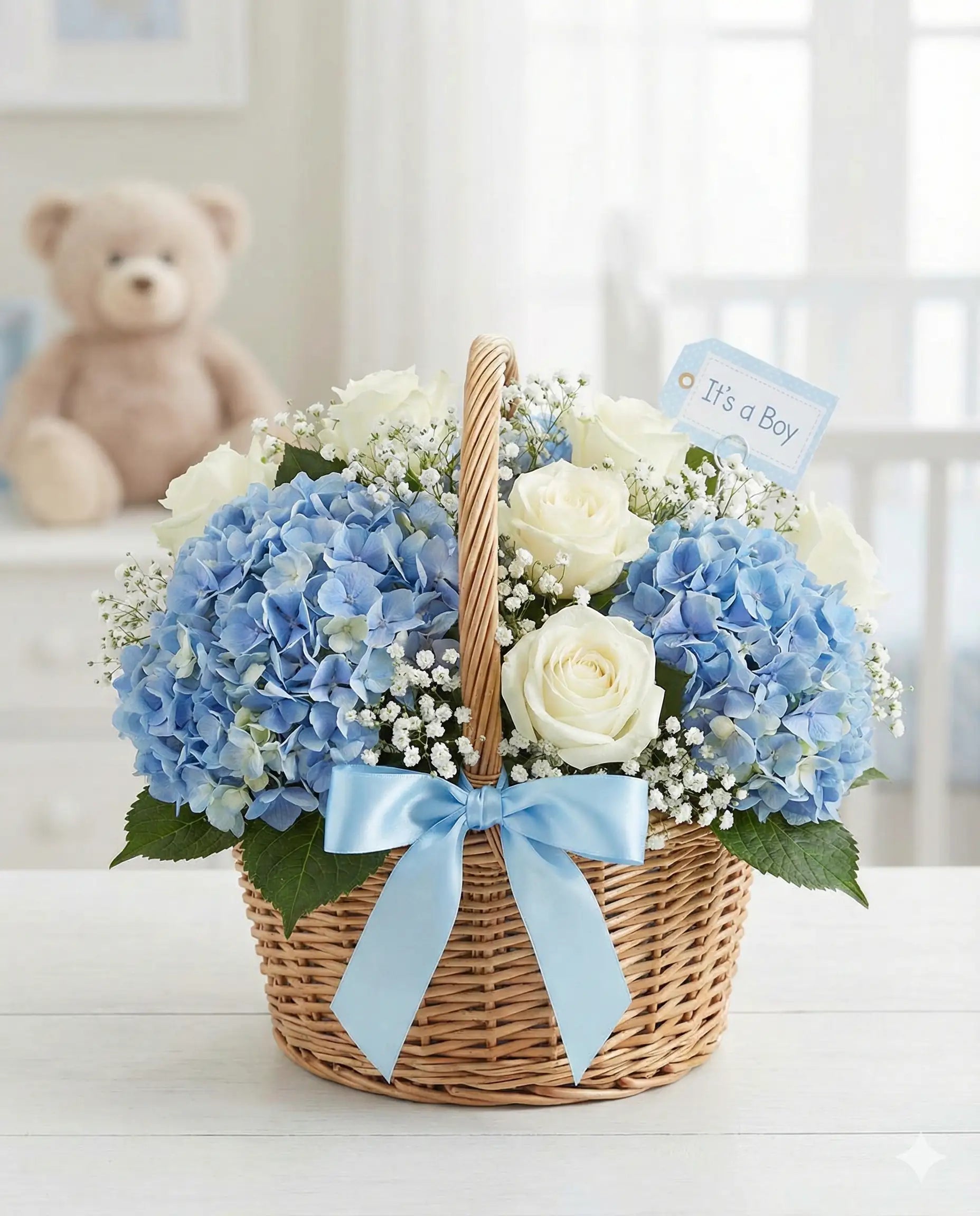 New Baby Boy Flower Basket - Blue & White Arrangement