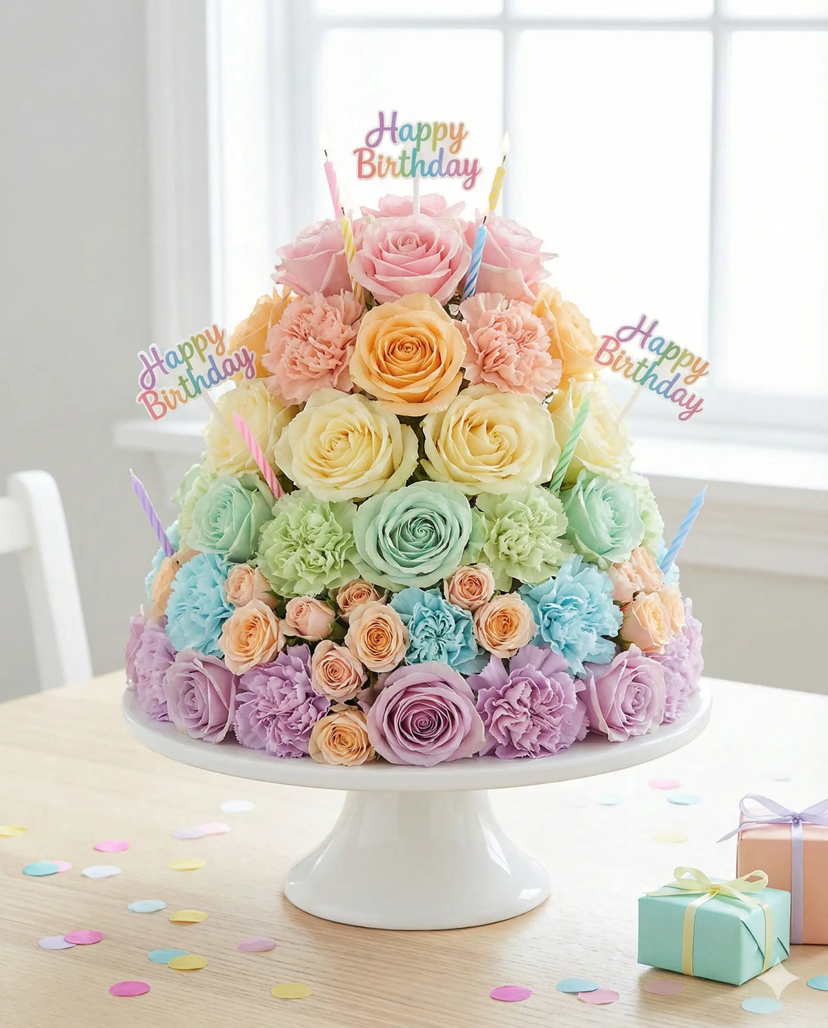 Pastel Birthday Flower Cake - Unique Rose & Carnation Gift