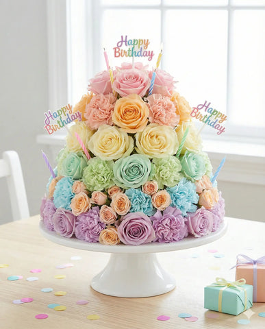 Pastel Birthday Flower Cake - Unique Rose & Carnation Gift