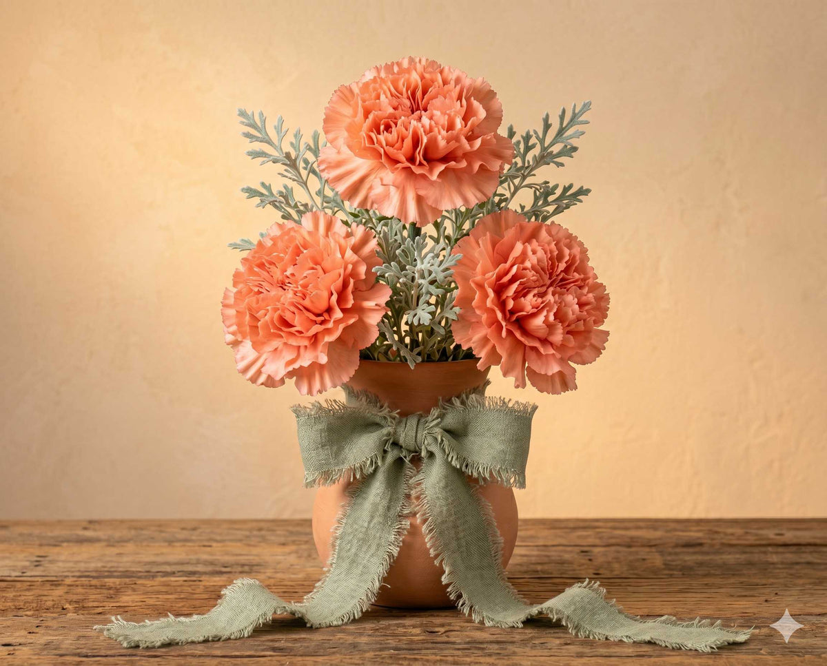 Peach Carnation Arrangement in Rustic Floral Vase