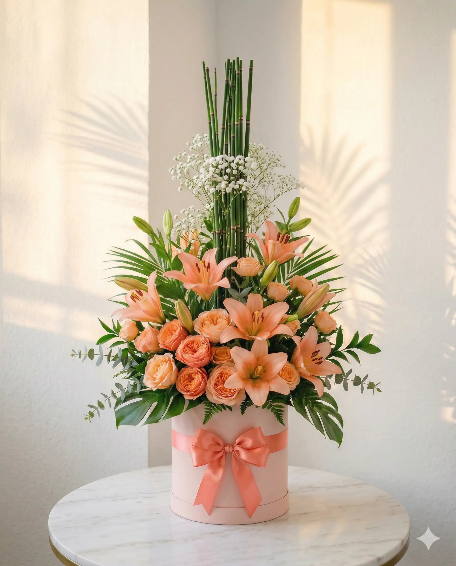 Peach & Coral Luxury Anniversary Roses & Lily Box