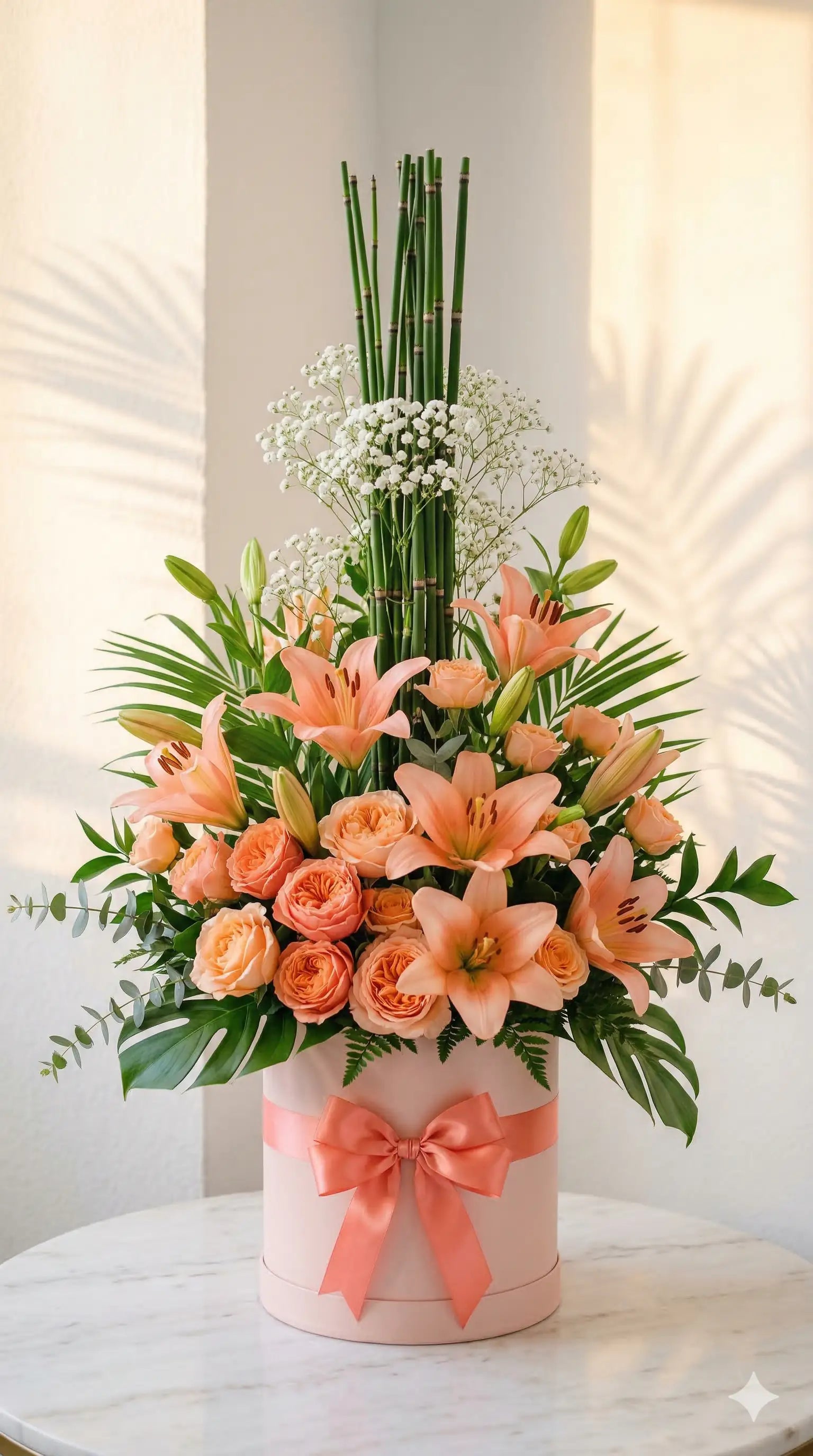 Peach & Coral Luxury Anniversary Roses & Lily Box