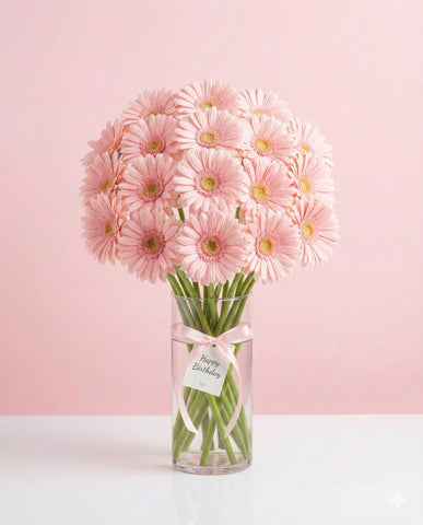Pink Gerbera Birthday Flowers in Glass Vase