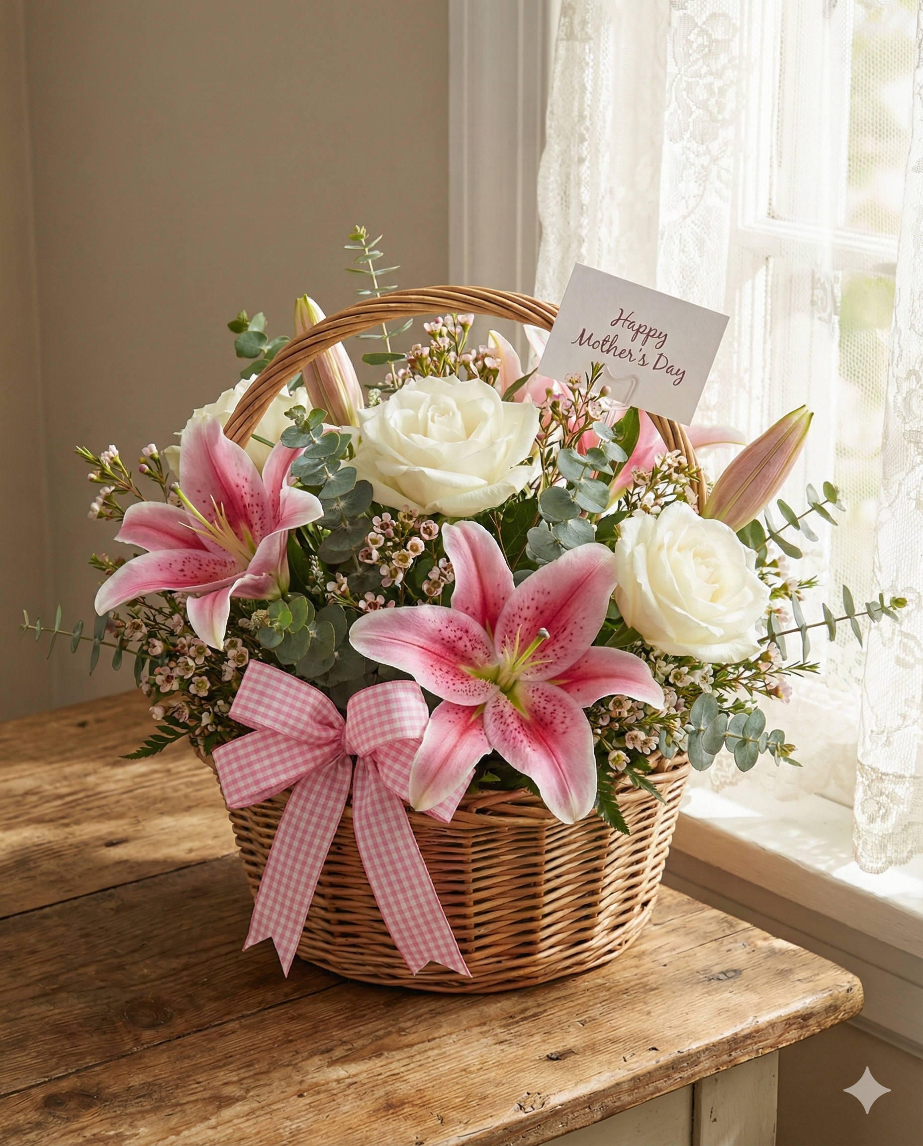Pink Lily & White Rose Basket - Mother's Day Flower Gift