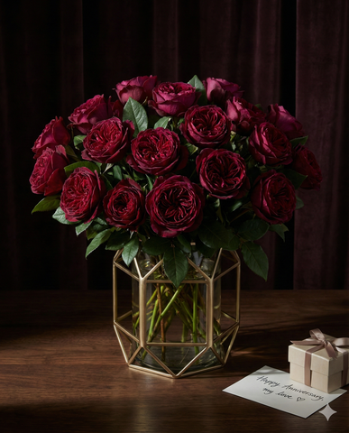 Premium Burgundy Anniversary Roses in Gold Geometric Vase