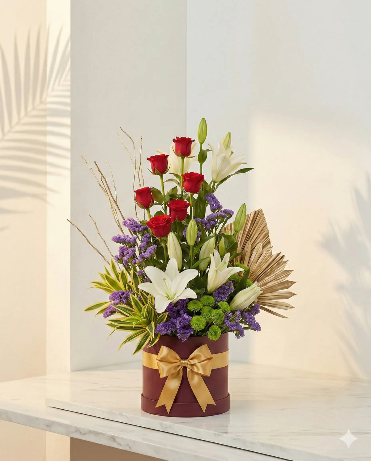 Premium Flower Box: Red Roses & Lilies Anniversary Gift