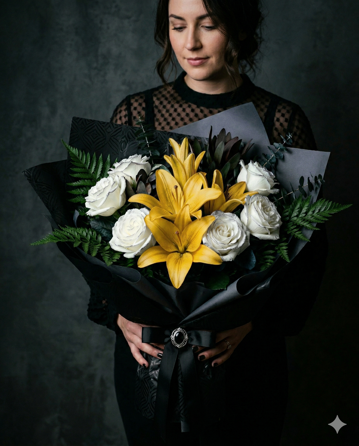 Premium Yellow Lily & White Rose Bouquet