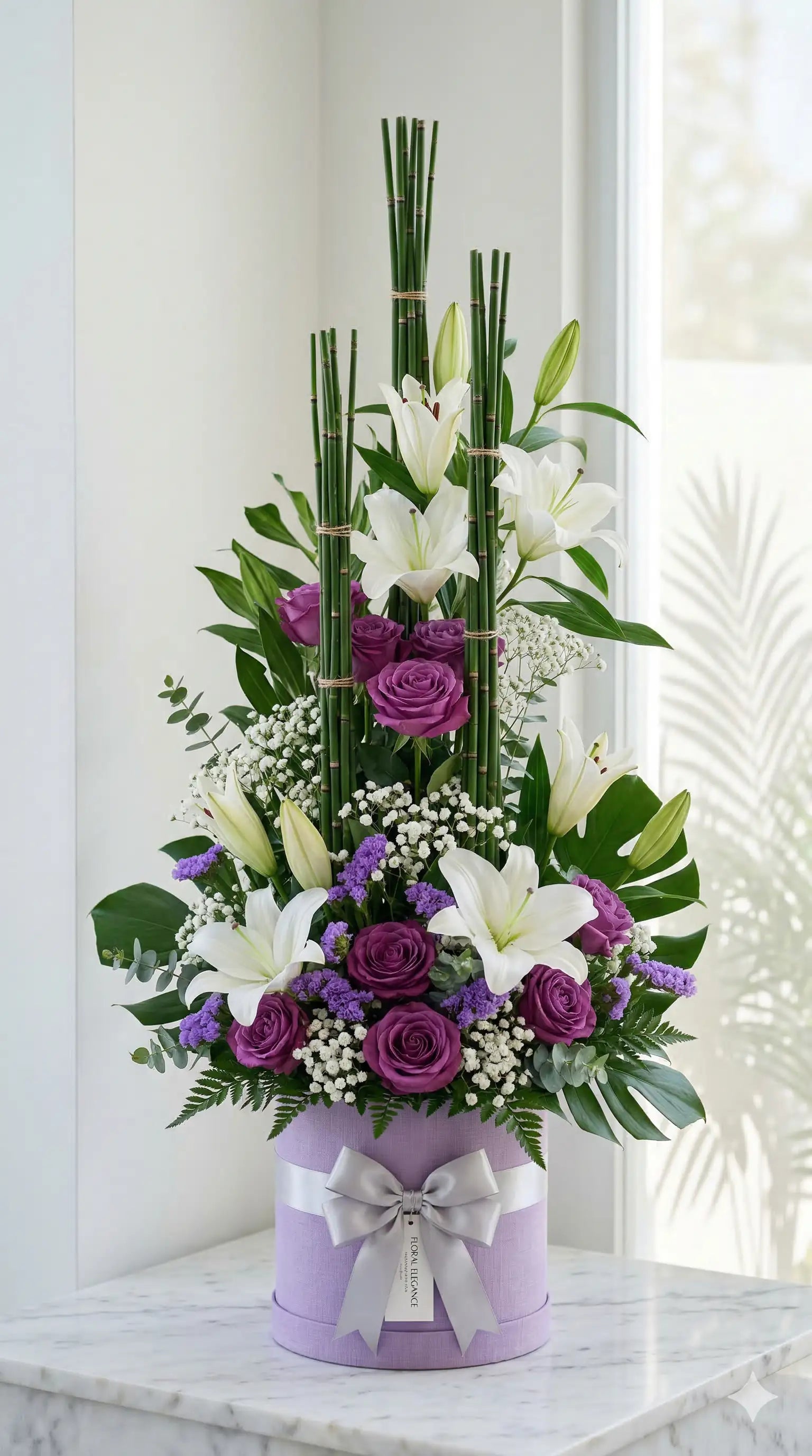 Purple Luxury Rose and White Lily Birthday Flowers