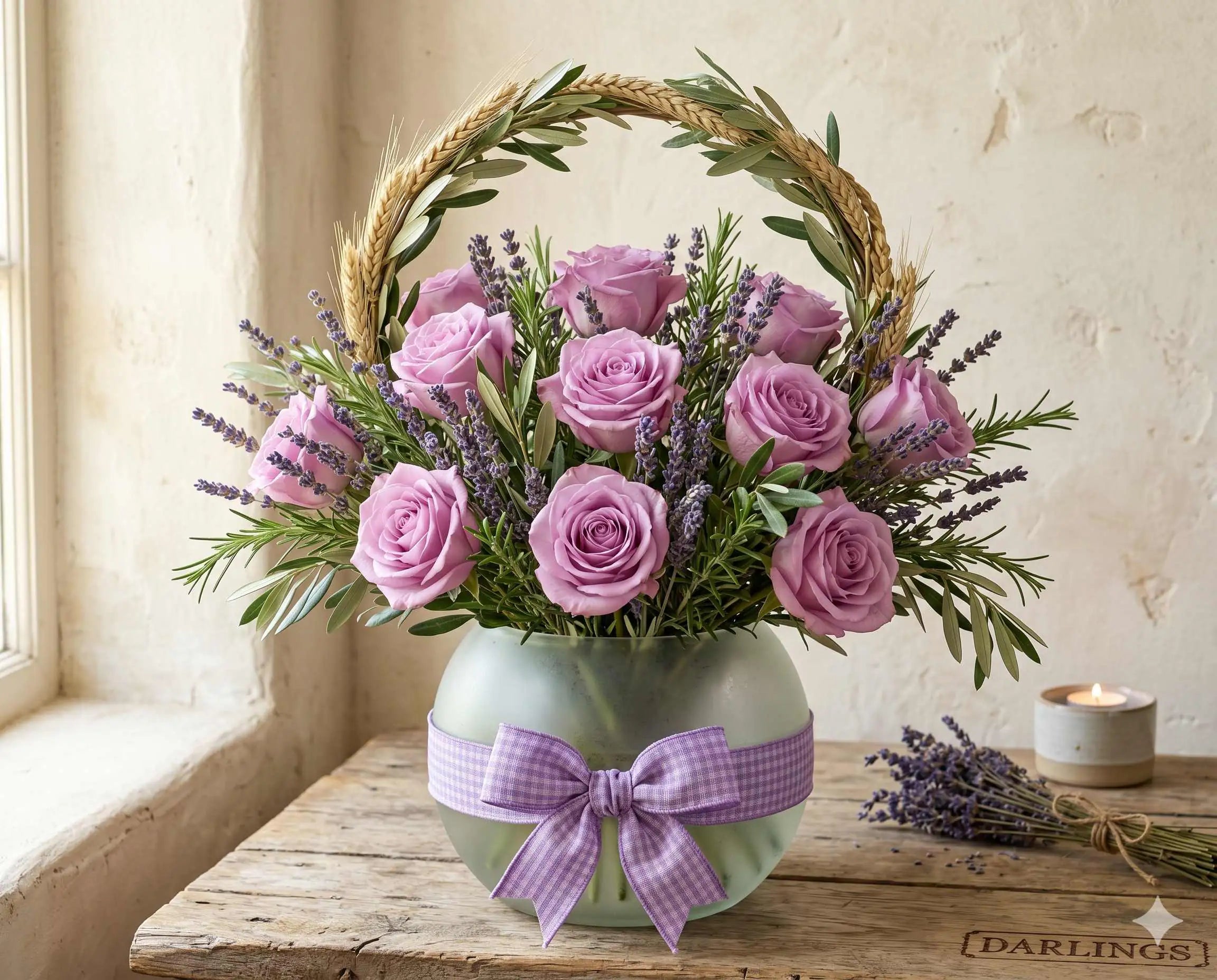 Rustic Lavender Rose Arrangement & Purple Flower Basket