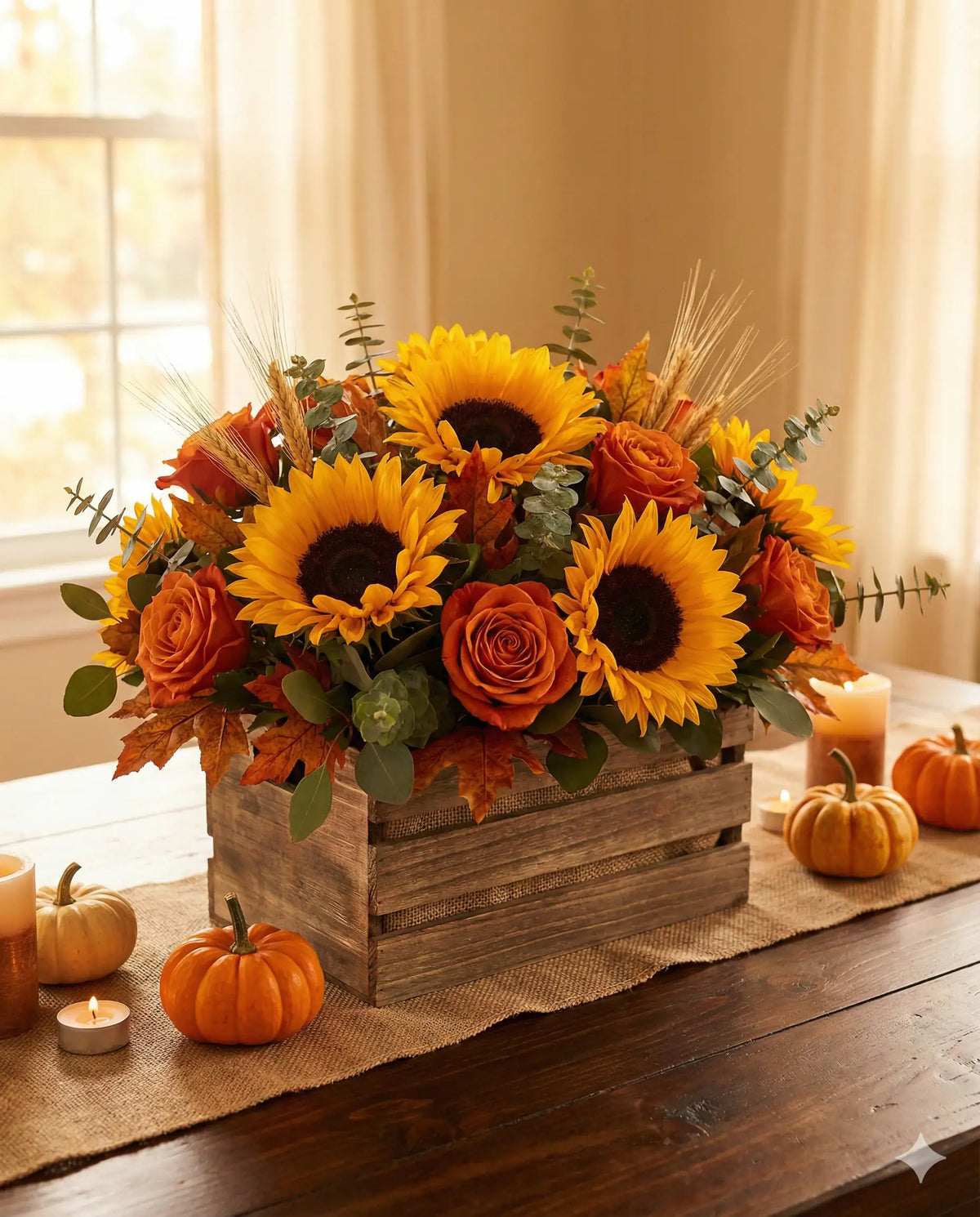 Rustic Sunflower and Rose Box - Autumn Centerpiece