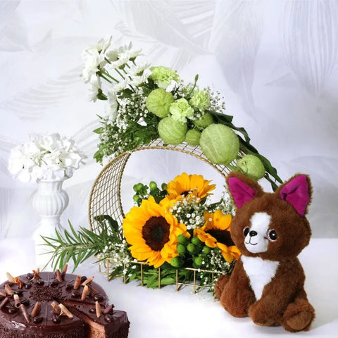 Sunflower & Balloon Flower Bouquet in Golden Stand