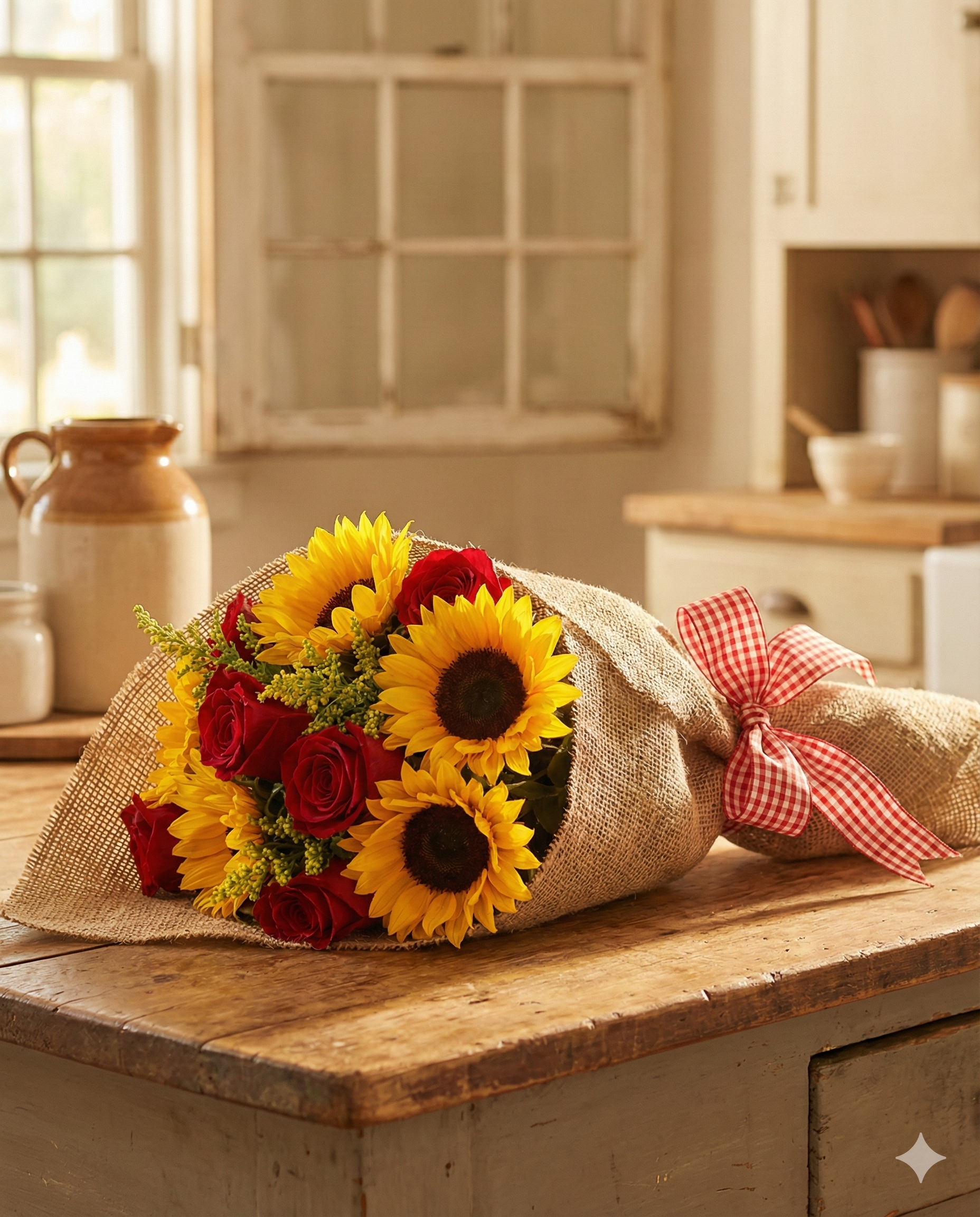 Sunflower and Rose Bouquet - Rustic Anniversary Gift