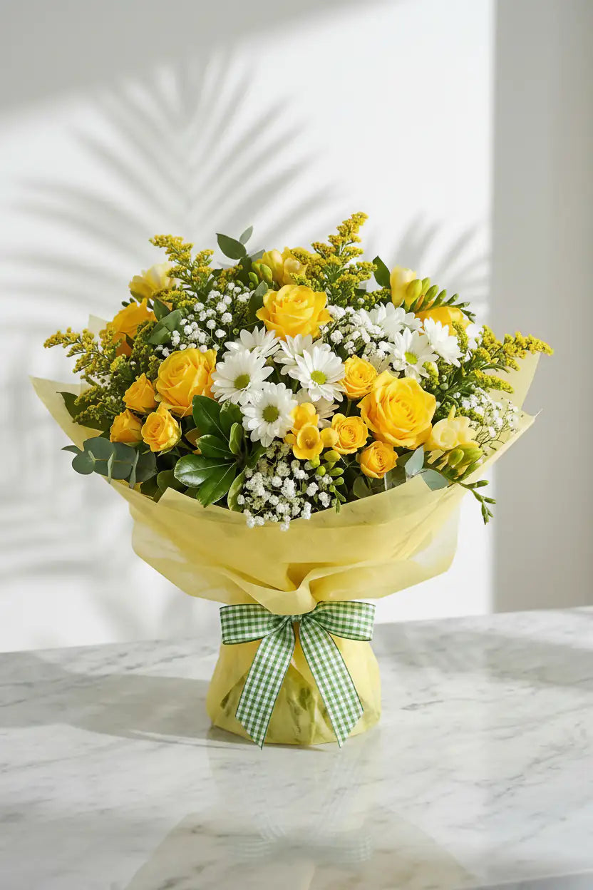 Sunny Yellow Birthday Flowers & Fresh Green Bouquet